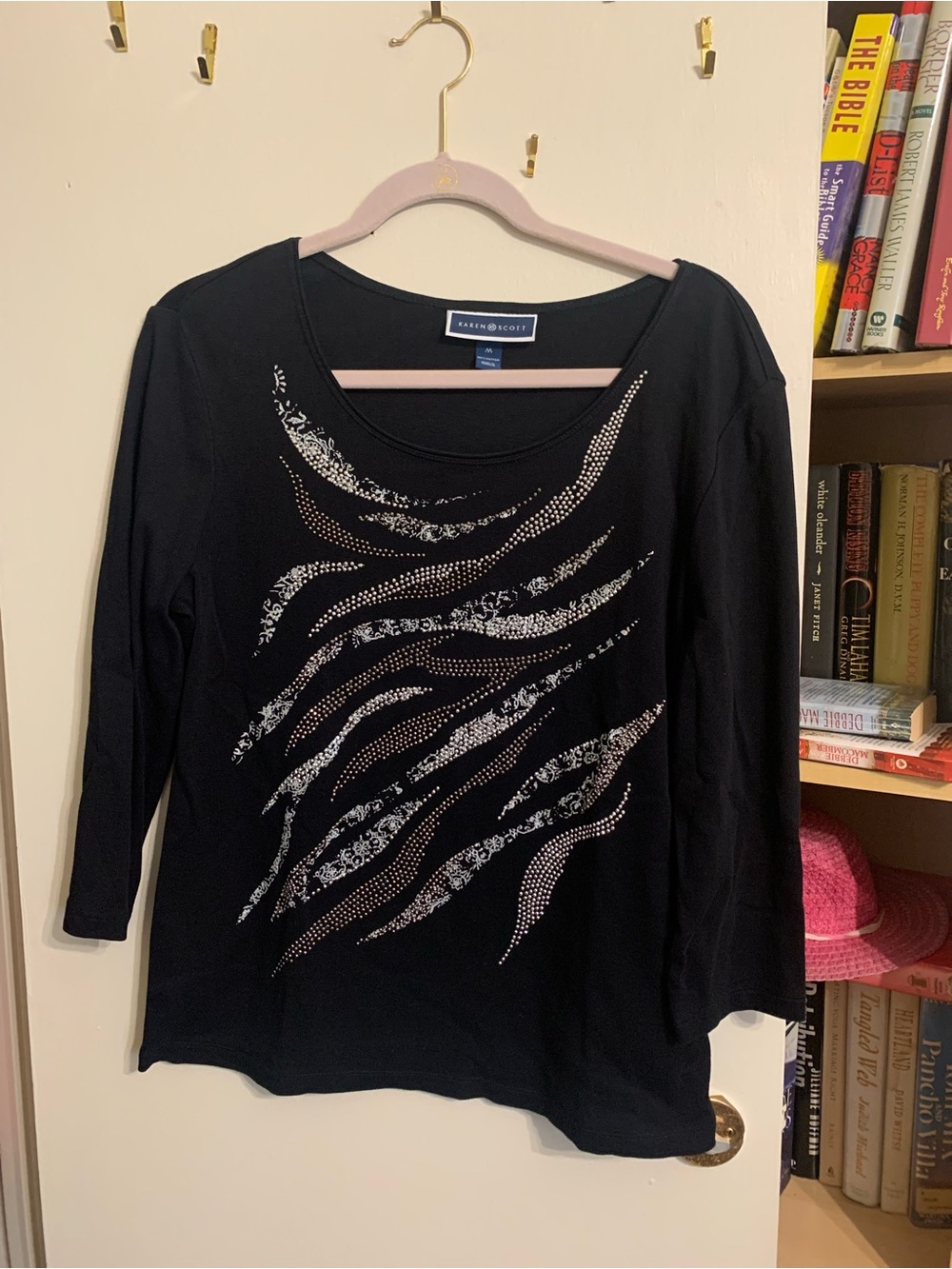 Karen Scott Black Long Sleeve Scoop Neck Top with Silver Wave Accents